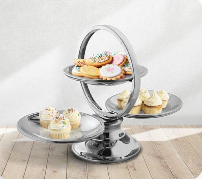 Support de service à 3 niveaux en acier inoxydable - Présentoir à dessert élégant pour les mariages et les fêtes - Finition polie