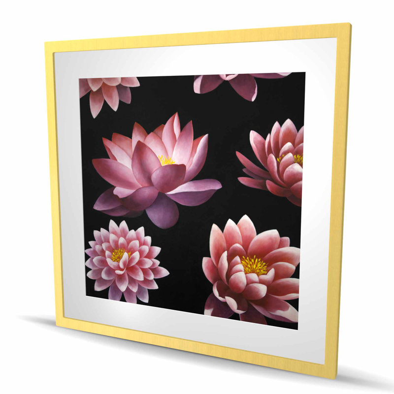 Motif de fleur de lotus - reproduction botanique encadrée rose pour la décoration, H 36 po x l 36 po, Doré