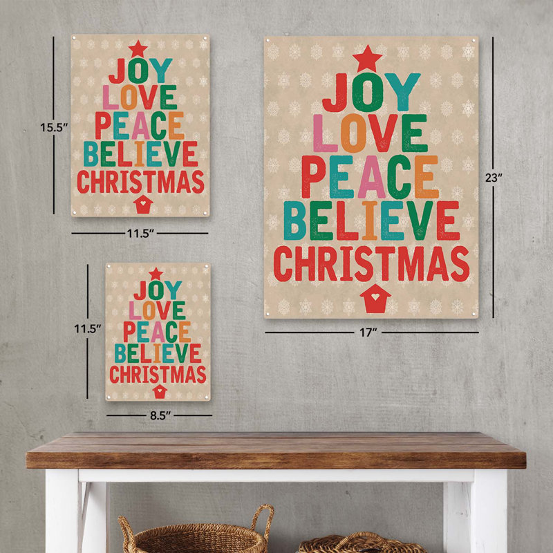 Plaque en métal Joy Love Peace Believe Christmas, H 15,5 po x l 11,5 po x P 0,04 po