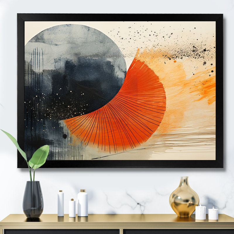 «Black and Orange Solar Eclipse», reproduction d'art murale abstraite, Cadre d'angle fermé noir, H 16 po x l 32 po x P 1 po