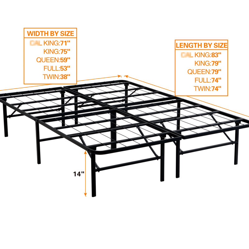 Grande structure de lit en métal de 14 po de hauteur, pliable, stable, sans sommier, conception pliante sous le rangement, silencieuse,