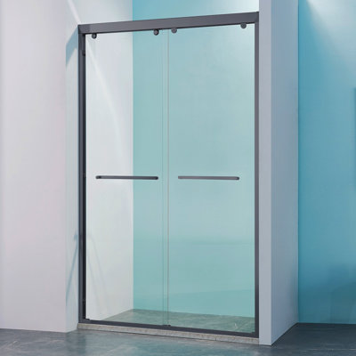 Porte de douche coulissante double l 44 à 48 po x H 75 po, cadre en alliage d'aluminium noir mat, verre trempé clair de 5/16 po (8 mm) de large épaisseur.