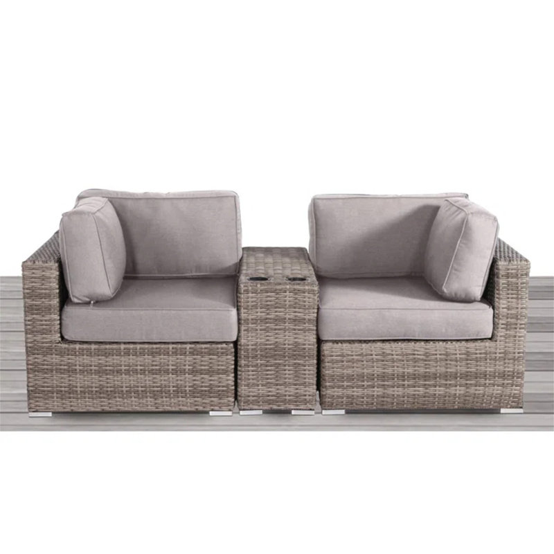 Ensemble de conversation d'extérieur en rotin entièrement rembourré pour 2 personnes avec coussins, Tan Cushion/Brown Frame