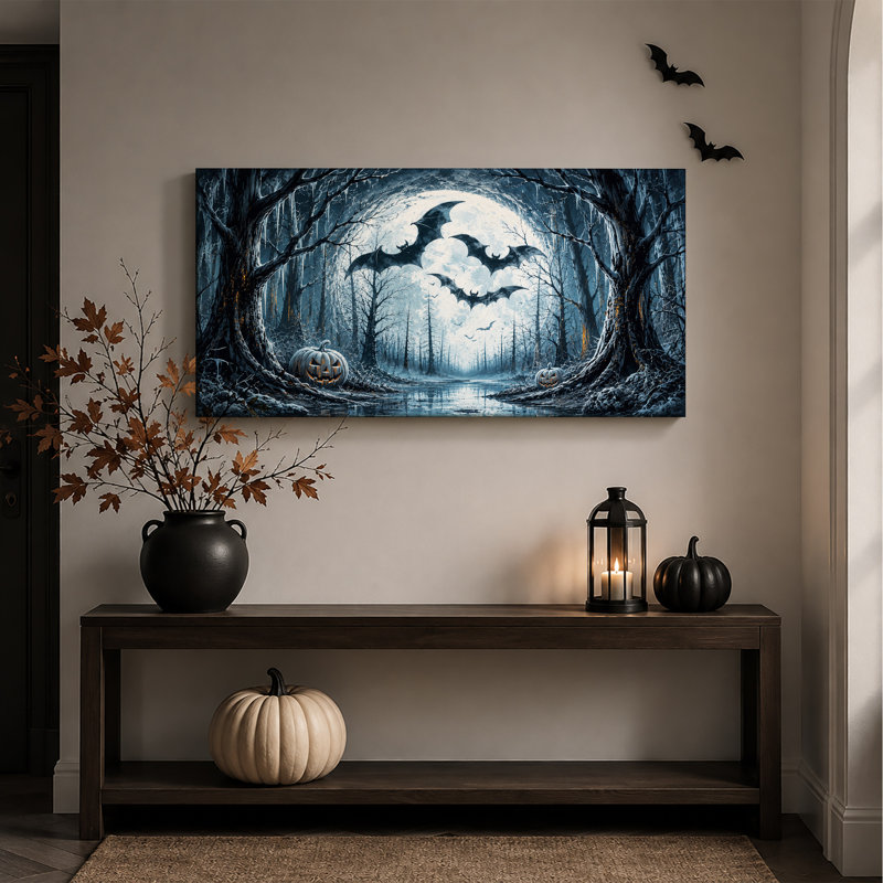 Forêt au clair de lune bleue avec chauves-souris et citrouilles - Tableau sur toile pour l'Halloween, L 32 po x H 16 po