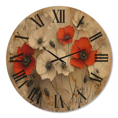 Horloge murale en bois de style ferme « Coquelicots des prés pourpres II »