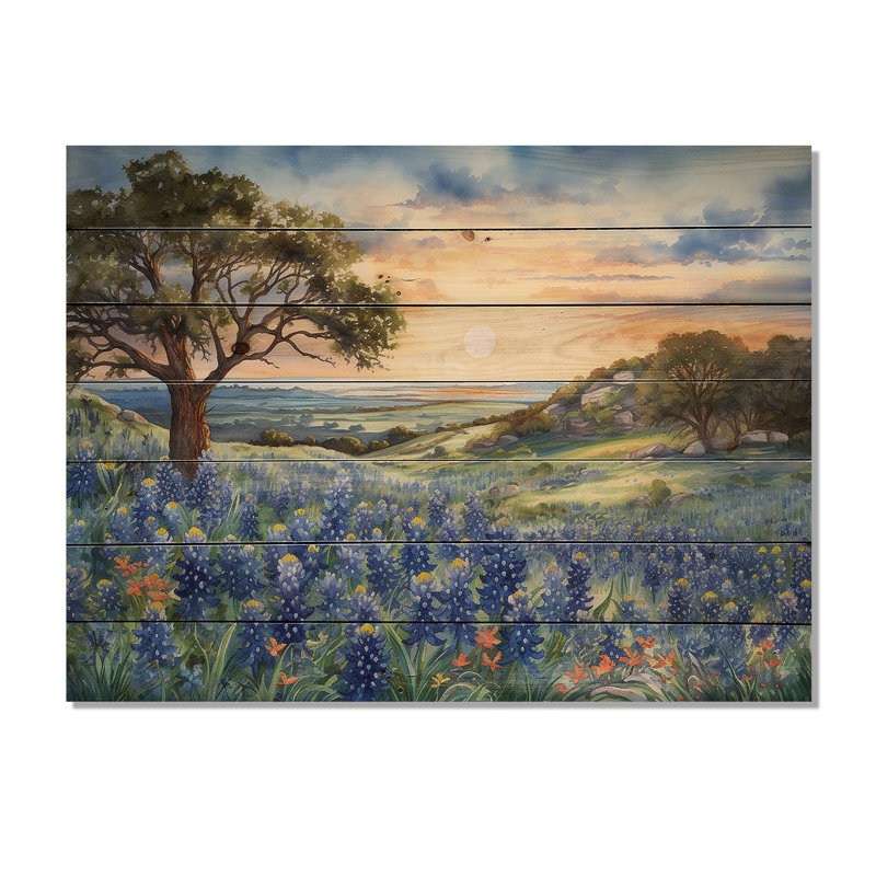 Blue Bonnets Sunset - Blue Bonnets Wood Wall Art On Natural Pine Wood, 24" H x 32" W