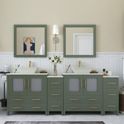  Meuble-lavabo autoportant moderne à double cuve 84 po avec plateau en marbre d'ingénierie et miroirs assortis