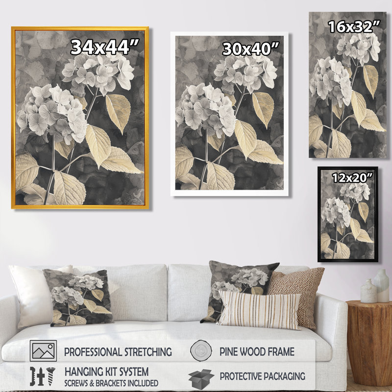 Rétro hortensias en hiver Highlight II - hydrangées, art mural encadré, Noir, Impression encadrée flottante