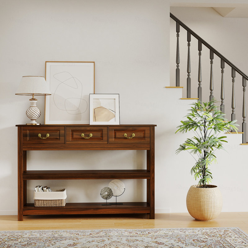 Console en bois avec 3 tiroirs, façades de tiroirs encastrées en bois aggloméré avec poignées en métal antique rétro, 2 tablettes de rangement ouvertes