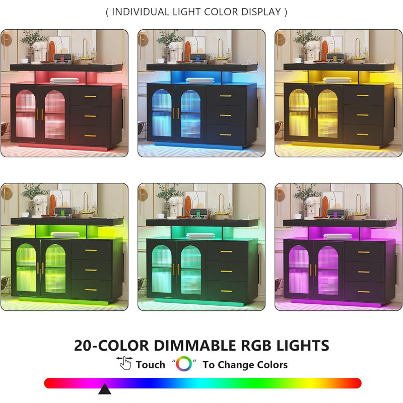 40" LED Buffet Cabinet with Wireless Charging Station,Auto Sensor RGB 20-Color Dimmable Sideboard with Human Body Induction,Sideboards Cabinet with 1 USB&Type-C Port and 3 Drawers