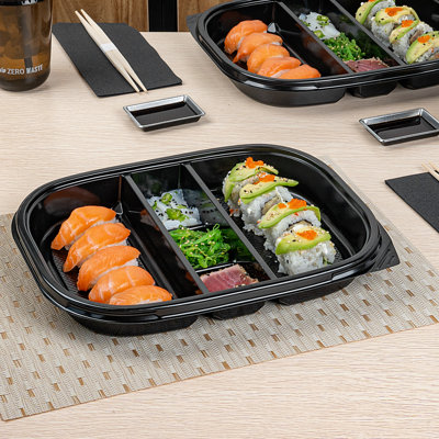 Restaurantware-Bento Tek 50.7 Ounce Meal Prep Containers, 50 Disposable To Go Food Boxes - Lids Sold Separately, 5 Compartments, Black Plastic Bento Lunch Boxes, Freezable, For Take Out