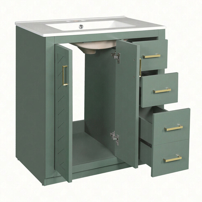 Ensemble de meuble-lavabo 30 po avec lavabo en céramique, armoire de rangement en bois massif, ensemble de meuble-lavabo autoportant avec 3 tiroirs et portes à fermeture douce