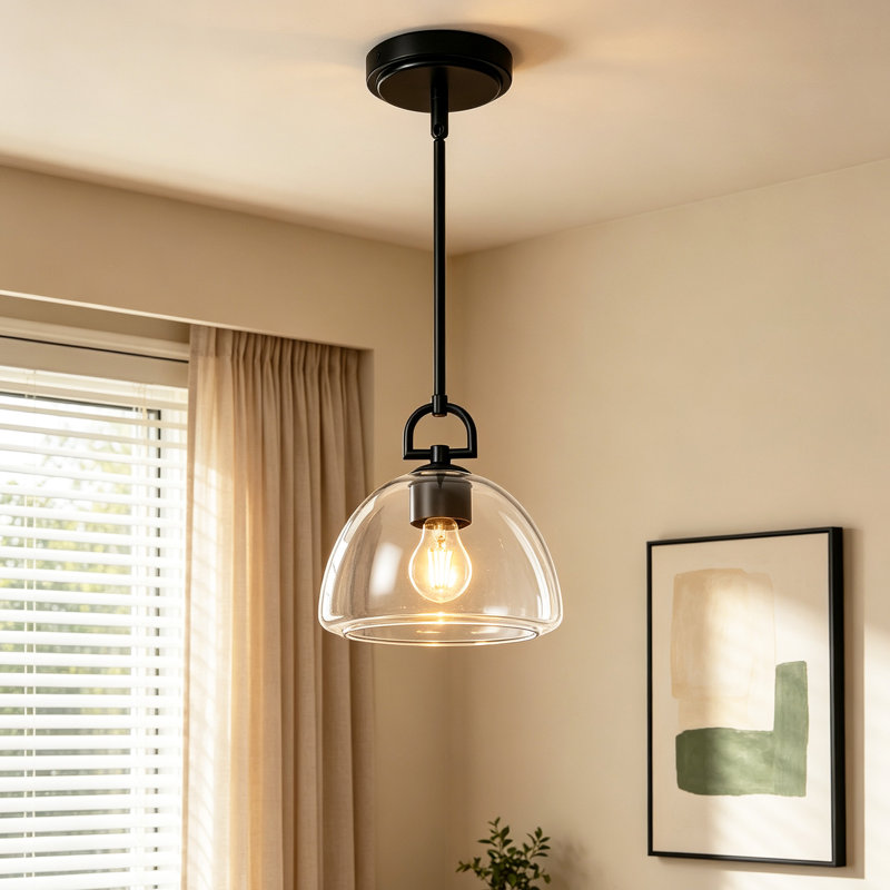 Luminaire suspendu 1 lumière à intensité variable moderne avec abat-jour en verre transparent, Matte Black