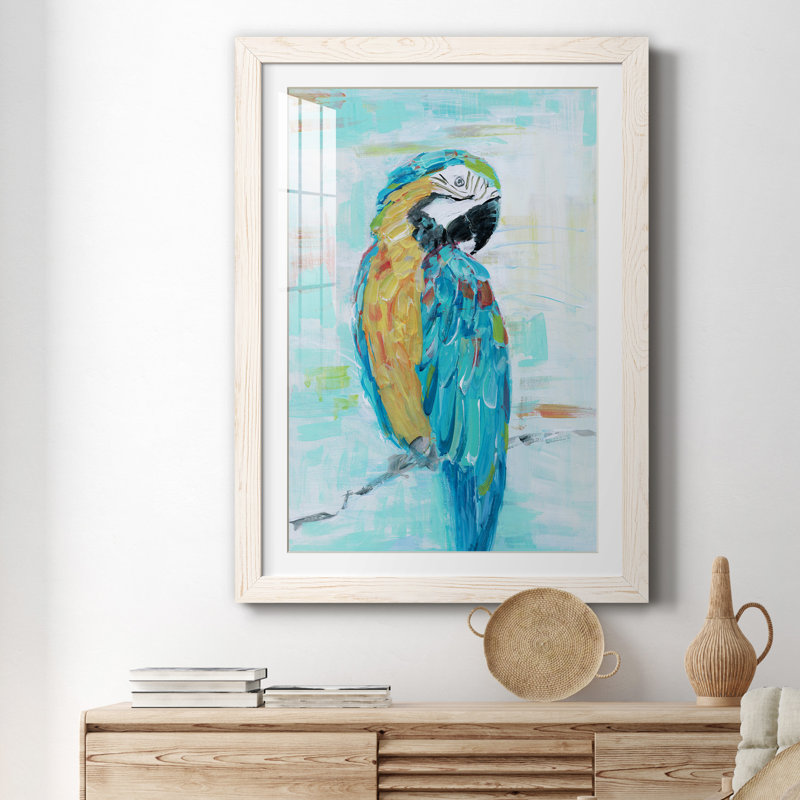 Island Parrot I - peinture encadrée, Cadre blanc, H 31,5 po x l 23,5 po x P 1,5 po