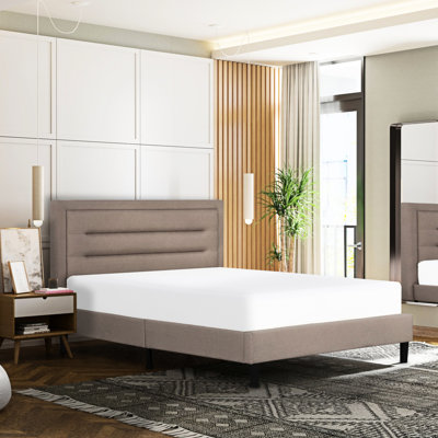 Contemporary Brown Full Size Upholstered Bed With Headboard, Horizontal Tufting, Plywood Frame And Slats, Legs, Quick Installation, Compact Shipping Platform Modern Channel Design, Solid Wood Slats