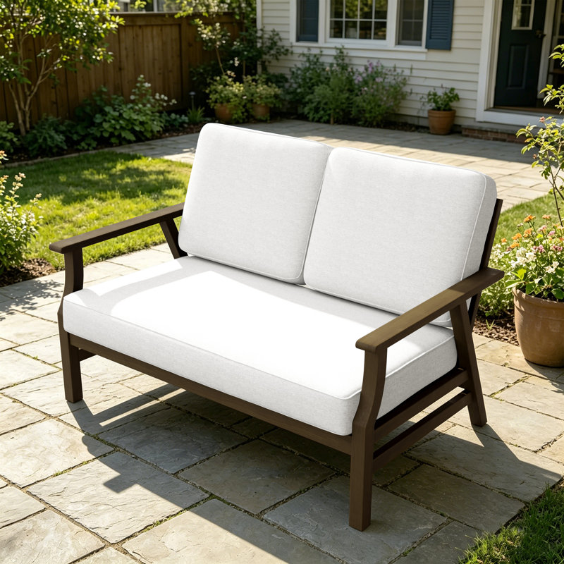 Solid Wood Teak Outdoor Loveseat With Cushion And Arms, Beige, Brown