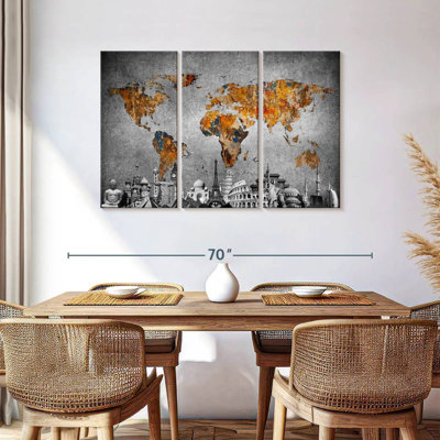 " Colorful World Map Masterpiece I " 3 - Pieces