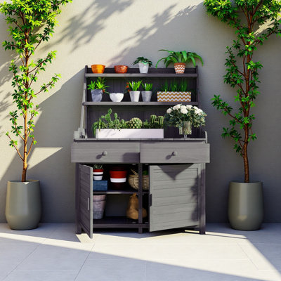 Table de jardin en pot 65 pouces, poste de travail en bois de sapin avec tablette de rangement, tiroir et armoire