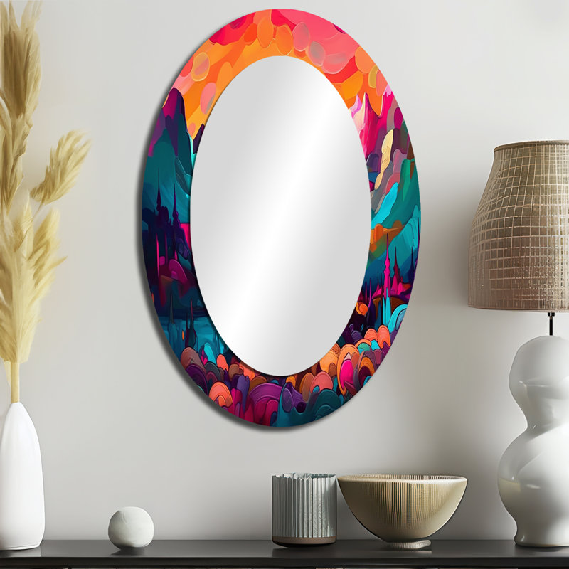 Peytan Vibrant Sunset Shining Over Mountains III - Mountains Decorative Mirror, Orange Wall Mirror, Printed Metal Art, Oval