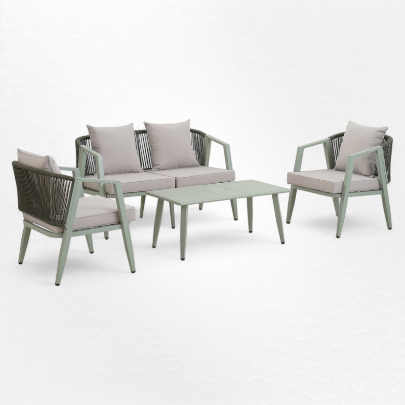 Ensemble de conversation de terrasse avec canapé et coussins 4 pièces, Beige, Vert