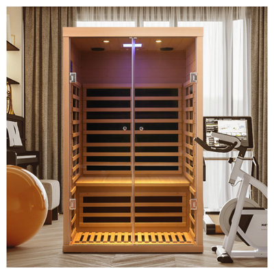 Sauna infrarouge lointain à deux places Hemlock avec technologie Low EMF, portes en verre double et finition en bois naturel