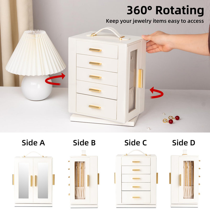 White MDF 360° Rotating Jewelry Storage Box with Glass Windows
