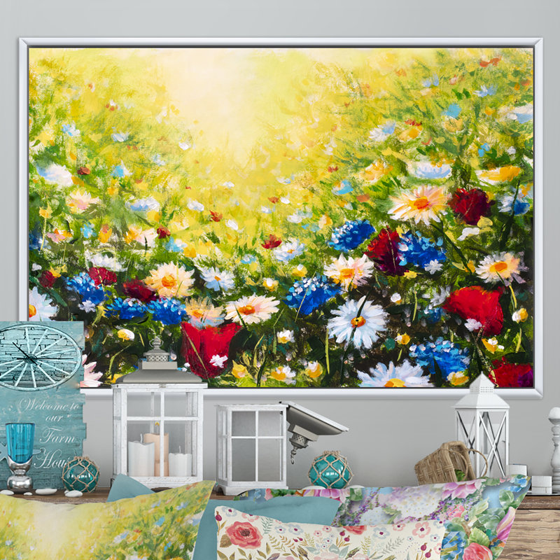 Sunlight Flowers Dossiers - Reproduction sur toile avec cadre flottant, H 16 po x l 32 po x P 1 po, Cadre flottant blanc