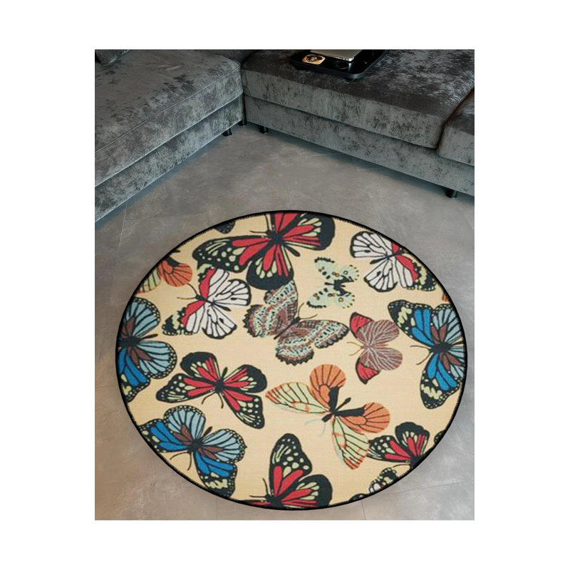 Multicolored Butterflies On A Beige Background Woven Base Decorative Carpet, Round 5'