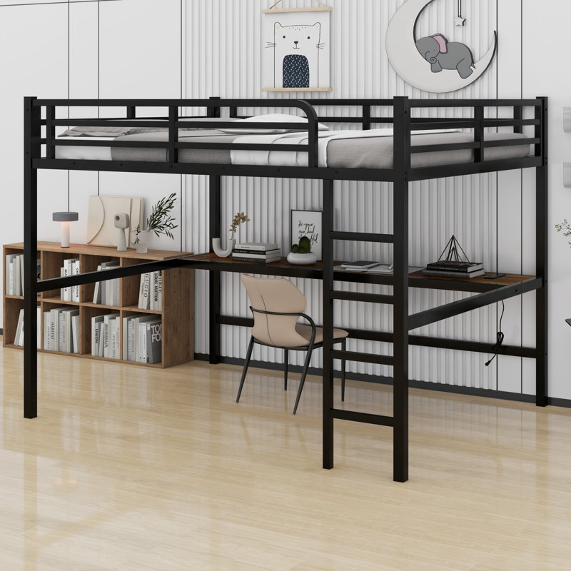 Lit mezzanine en métal avec prise de courant et éclairage DEL, Noir/noyer