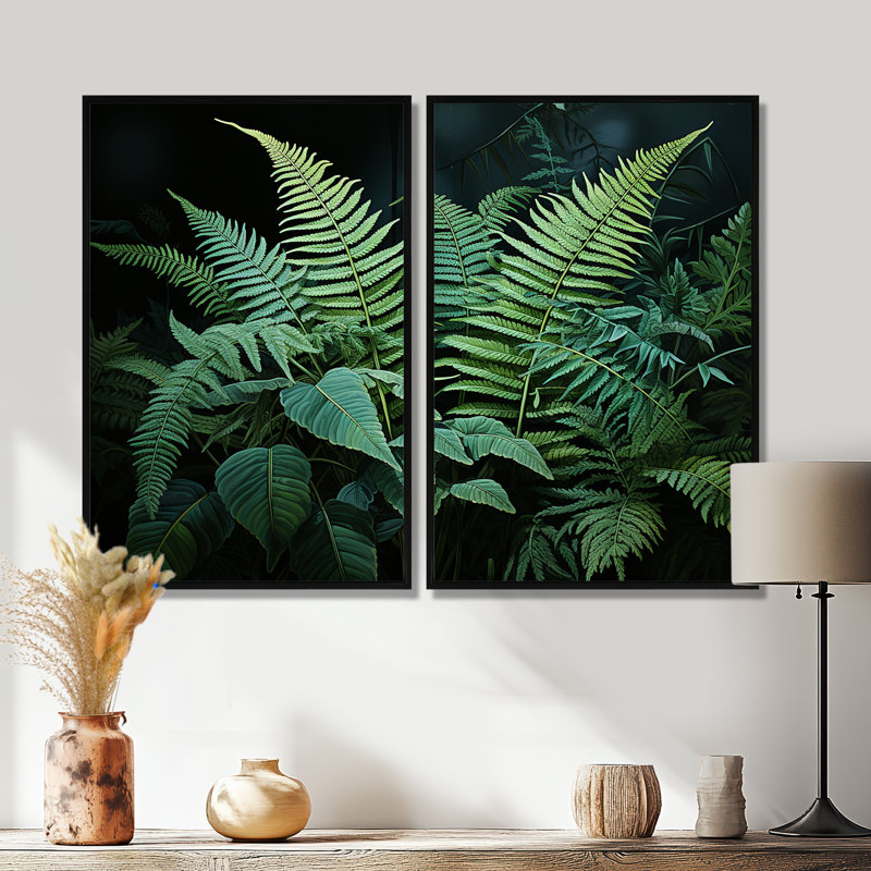 Fougères vertes et noires Dynamic Contrast III - ensemble d'art mural moderne de 2, Black, 36" H x 48" W