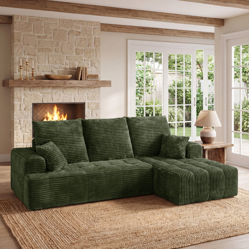 Canapé d'angle modulaire compressé en forme de L de 277 cm (109 po) de large avec méridienne, canapé 2 pièces en velours côtelé avec ressorts ensachés et assise profonde pour salon, aucun assemblage requis, vert