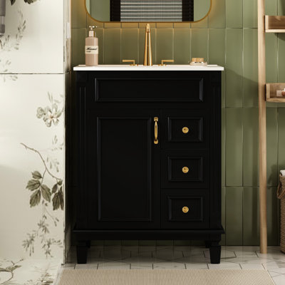 Meuble-lavabo de 61 cm avec lavabo en céramique, 2 tiroirs et tablette réglable - Idéal pour les petites salles de bain, design moderne, tiroirs silencieux, format compact de 61 cm, détails à rayures françaises, bouton rétro