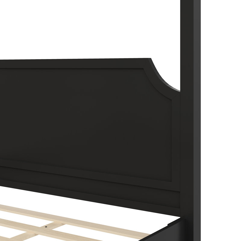 Grand lit plateforme à baldaquin en bois avec tête de lit et pieds de support, Black, Queen