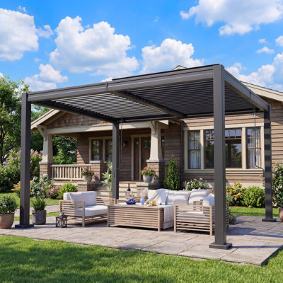 VIWAT 12 ft. W x 10 ft. D Outdoor Steel Pergola with Adjustable Dual-Zone Louvered Roof and Internal Drainage System