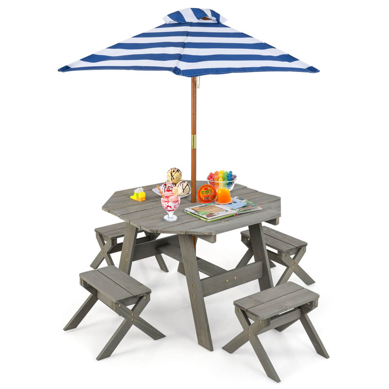 Kids Wooden Table Set With Octagon Table 4 Stools & Removable Adjustable Umbrella Grey