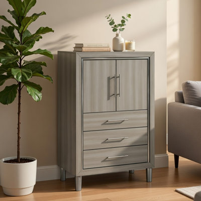 Commode haute Levy, armoire à DEL et 3 tiroirs avec range-chaussures, gris