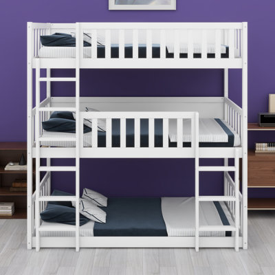Triple Wood Bunk Bed, With Ladders, Guardrails Detachable Bunk Bed