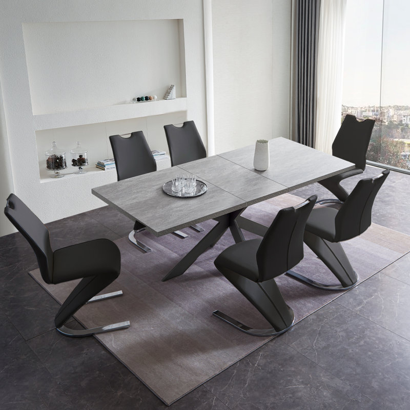 Modern Dining Table Butterfly Leaf Set with "Z" Chairs for 6, Grey, Black
