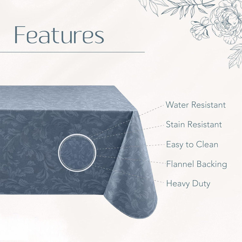 Floral Damask-Scroll Water- And Stain-Resistant Vinyl Tablecloth With Flannel Backing, 60 Inches X 120 Inches, Rectangle, Blue