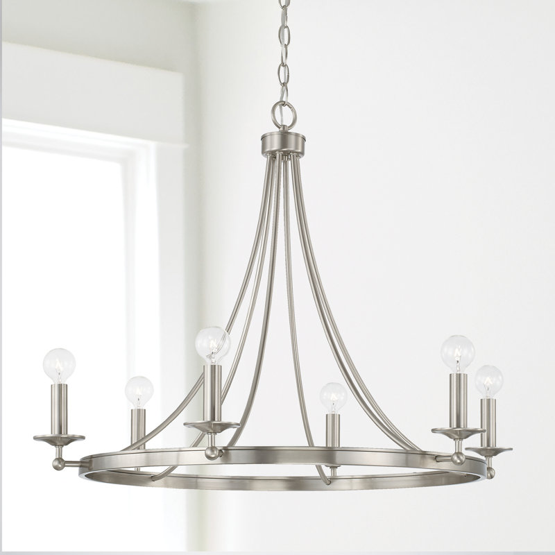 6 - Light Dimmable Wagon Wheel Chandelier, Brushed Nickel