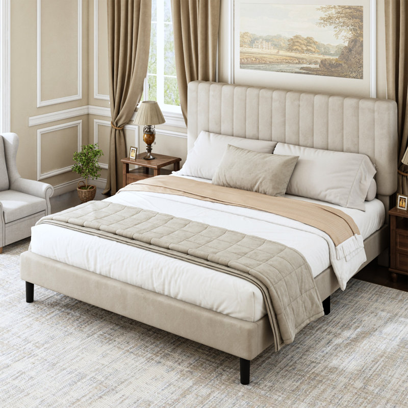 Bed Frame Queen Size, Velvet Upholstered Platform Bed with Headboard, Strong Wooden Slats, No Box Spring Needed, Noise-Free Mattress Foundation, Vertical Stripe, Easy Assembly, Beige