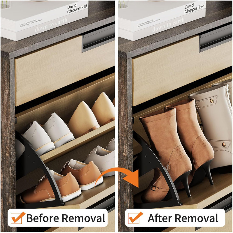 Shoe Storage Cabinet with 2 Flip Drawers and 1 Drawer, Vintage Farmhouse Narrow Shoe Organizer with Legs, Freestanding Hidden Entryway Organizer with Open Shelf for Hallway, Living Room