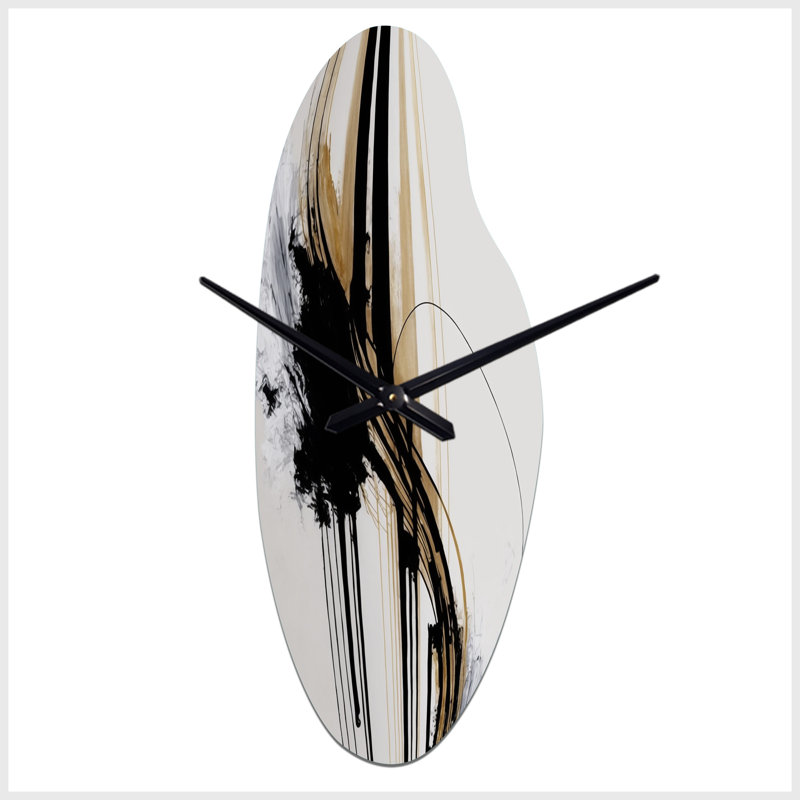 Golden Minimalist Abstract II - horloge murale incurvée abstraite en métal, impression d'horloge murale asymétrique moderne