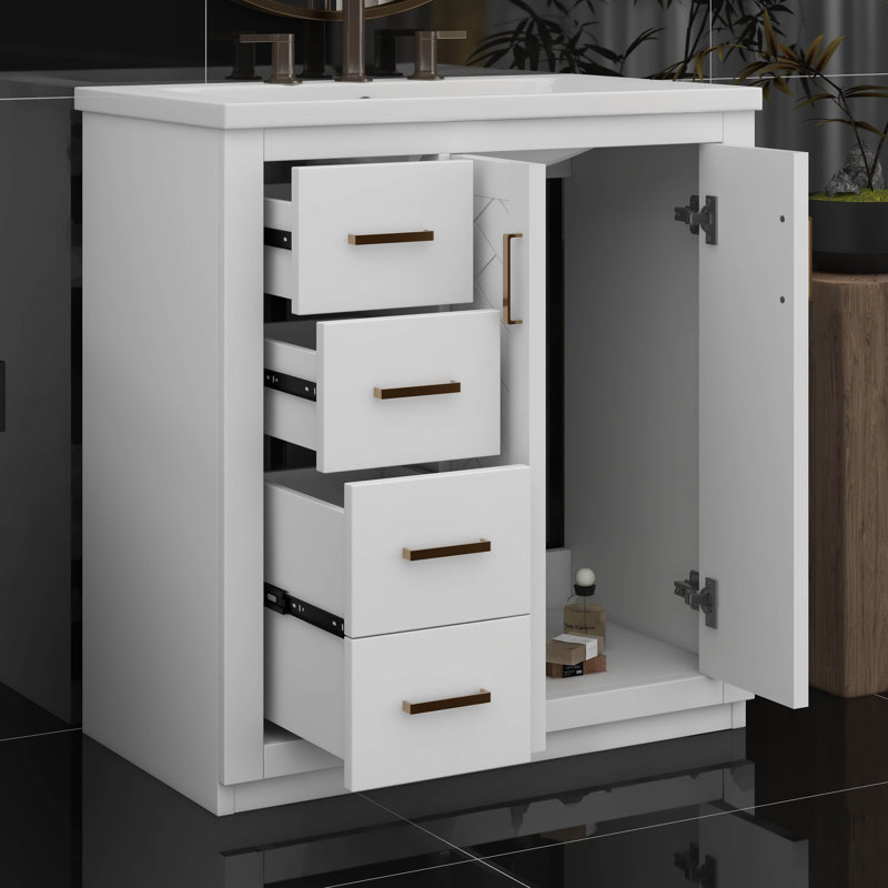 Meuble-lavabo sur pied 36 po avec lavabo en céramique, armoire de rangement moderne à 3 tiroirs et 2 portes, Blanc
