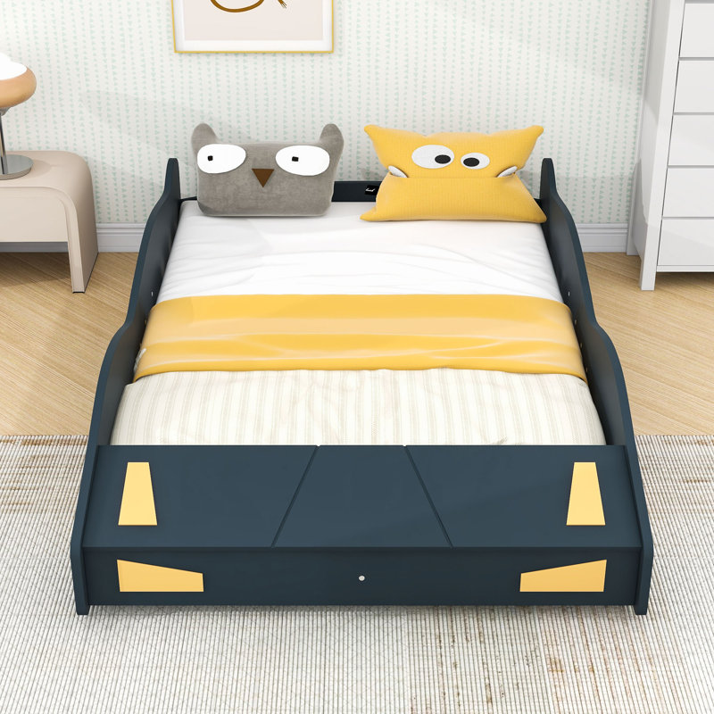 Full Size Race Car Platform Bed With Built-In Storage Space And Side Rails, Dark Blue Yellow