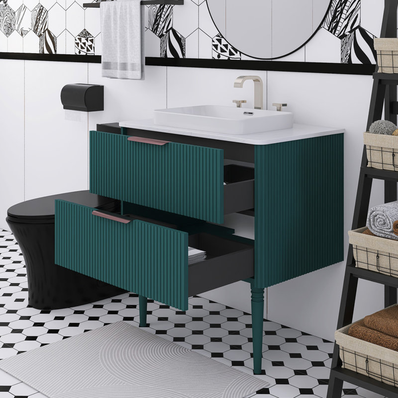 Meuble-lavabo autoportant 30 po à rayures avec lavabo rectangulaire en céramique, Aquamarine