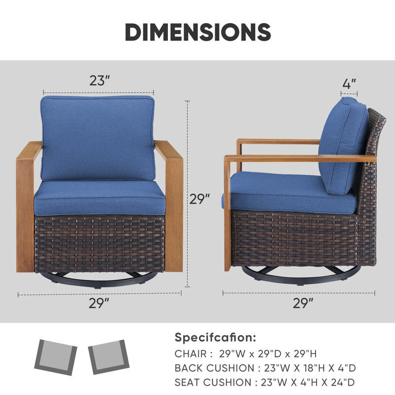Fauteuils coulissants pivotants 4 pièces avec coussins et accoudoirs uniques en bois Drazen, Brun/bleu