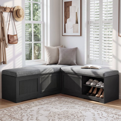 Banc à chaussures de coin en forme de L avec portes coulissantes et étagères réglables, banc de rangement avec coussin gris, noir