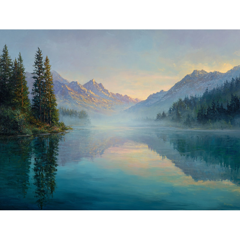 Toile tendue dorée sur le lac, H 16 po x l 24 po