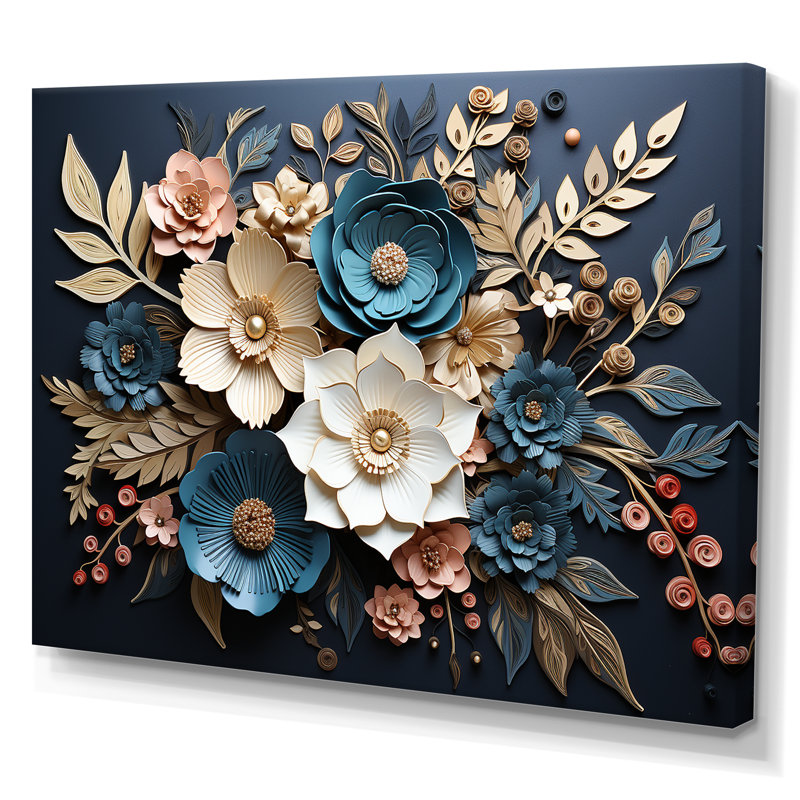 Bleu et or, charmantes fleurs printanières - art mural fleurs, Toile tendue, H 16 po x l 32 po x P 1 po